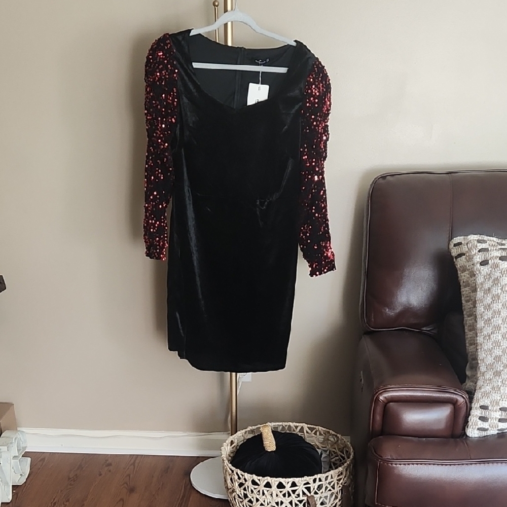 BloomChic Black Dress with Red Sequin Sleeves